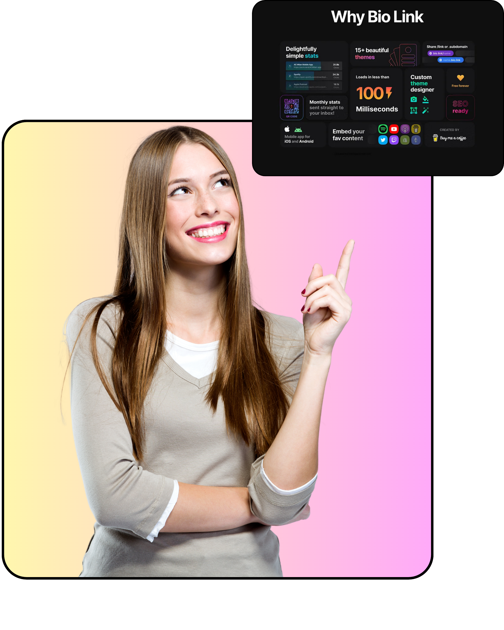 A customized bio page with branded colors, fonts and button styles